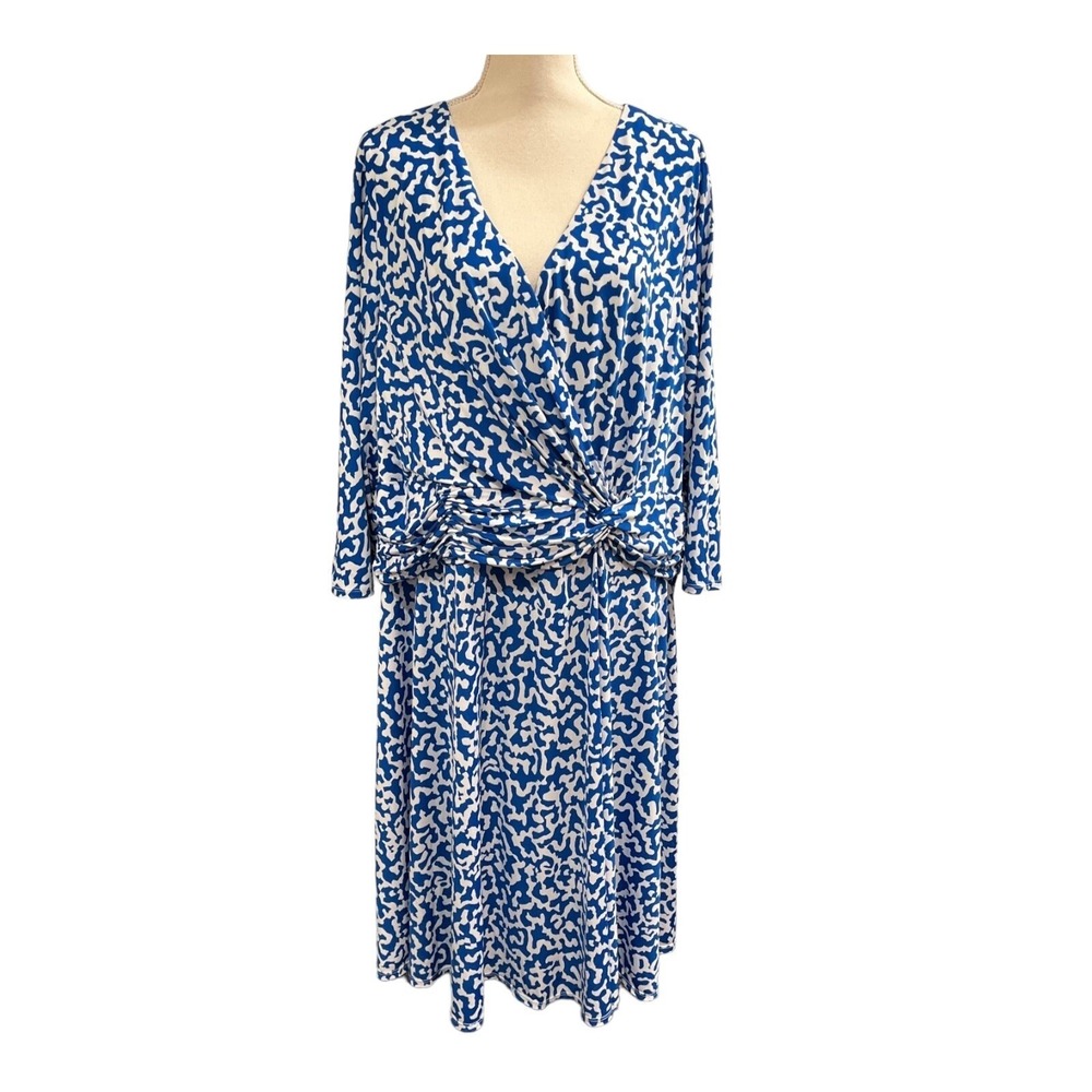 CJ Banks Dress Womens 3X Blue Animal Print Faux Wrap Jersey Knit Midi Office